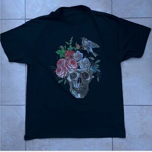 Black T-Shirt with Skull and Floral Design